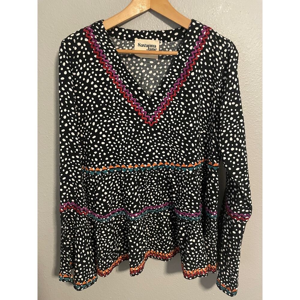 Savanna Jane Top Womens Medium Black White Polka Dot Embroidered Boho Peasant